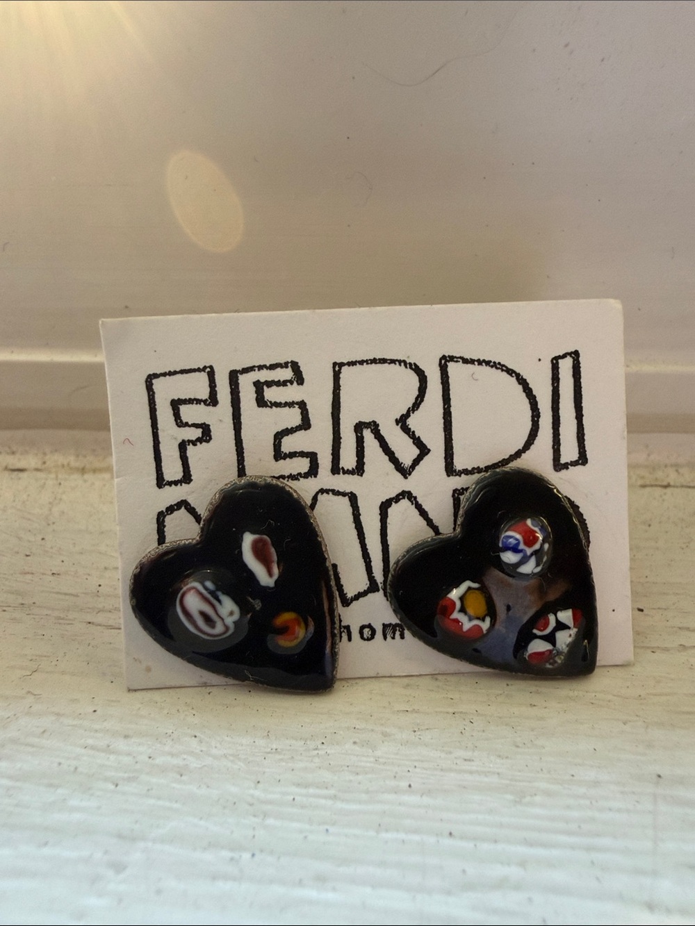 Heart Stud Earrings in Black with Multicolor Accents